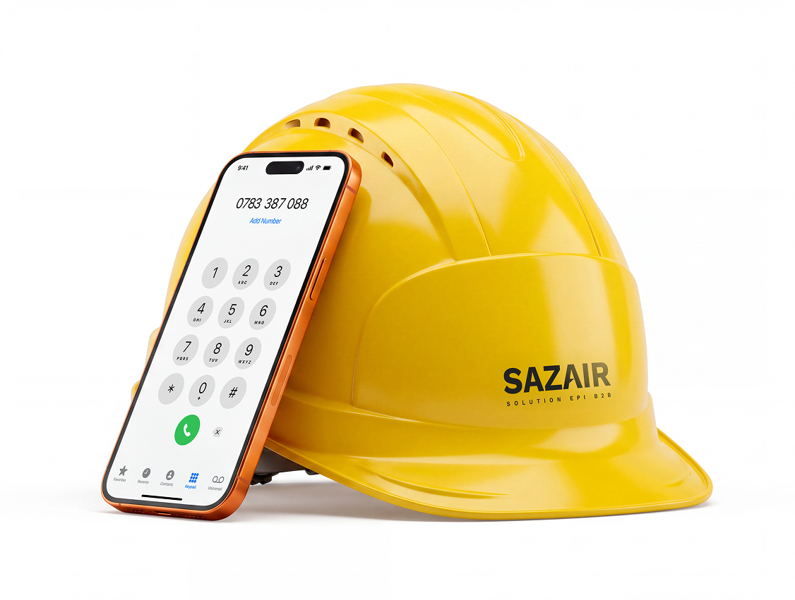 Casque de chantier SAZAIR jaune et téléphone affichant le numéro 0783 387 088