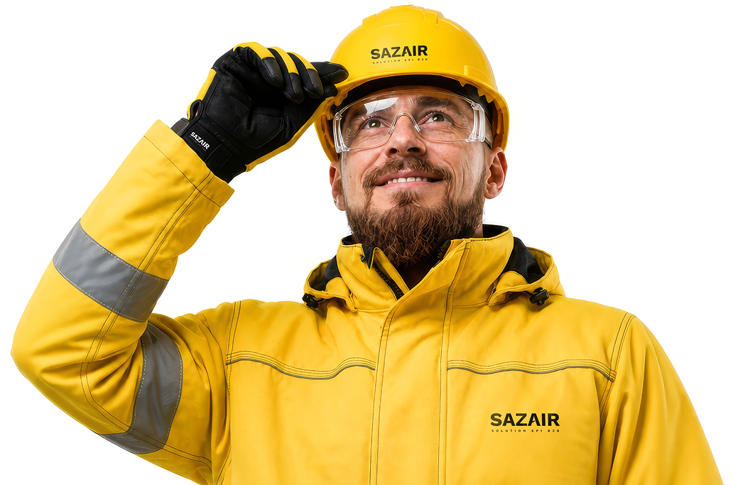 Technicien SAZAIR en veste haute visibilité ajustant son casque de chantier